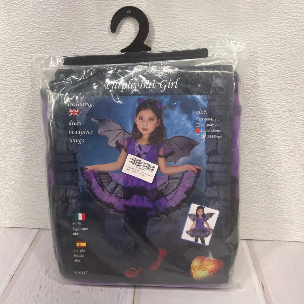 NWT Girls Bat Witch Costume Halloween Cosplay Fancy Dress Up‎ with Bat Wings L